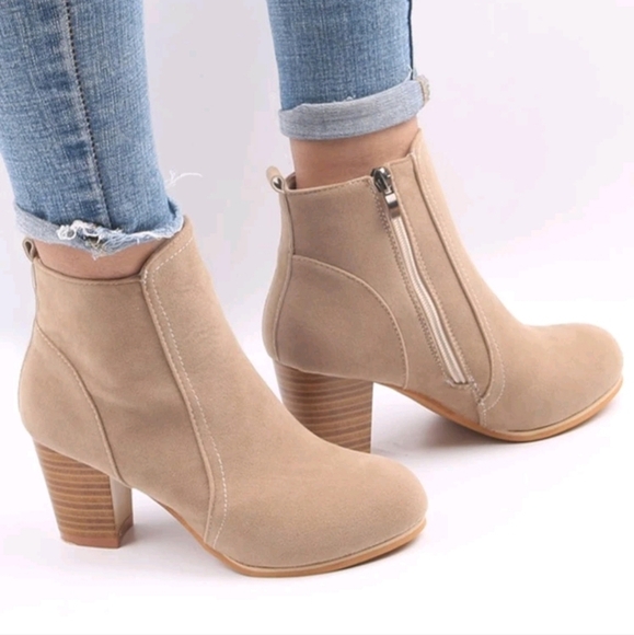 Shoes - Women Faux Suede Zip Side Boots,Round Toe Chunky Heeled Classic Boots,Ideal